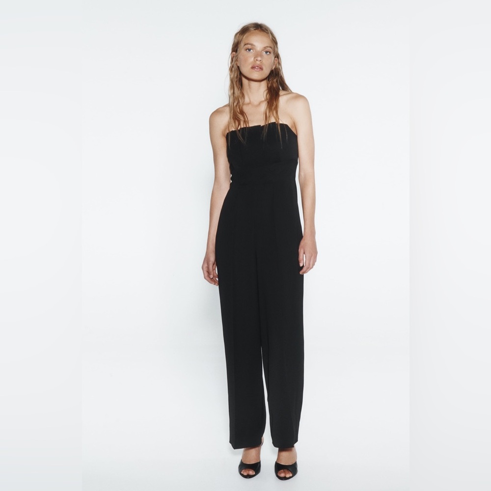 NWT Zara Black Strapless Long Button Jumpsuit Womens XS
